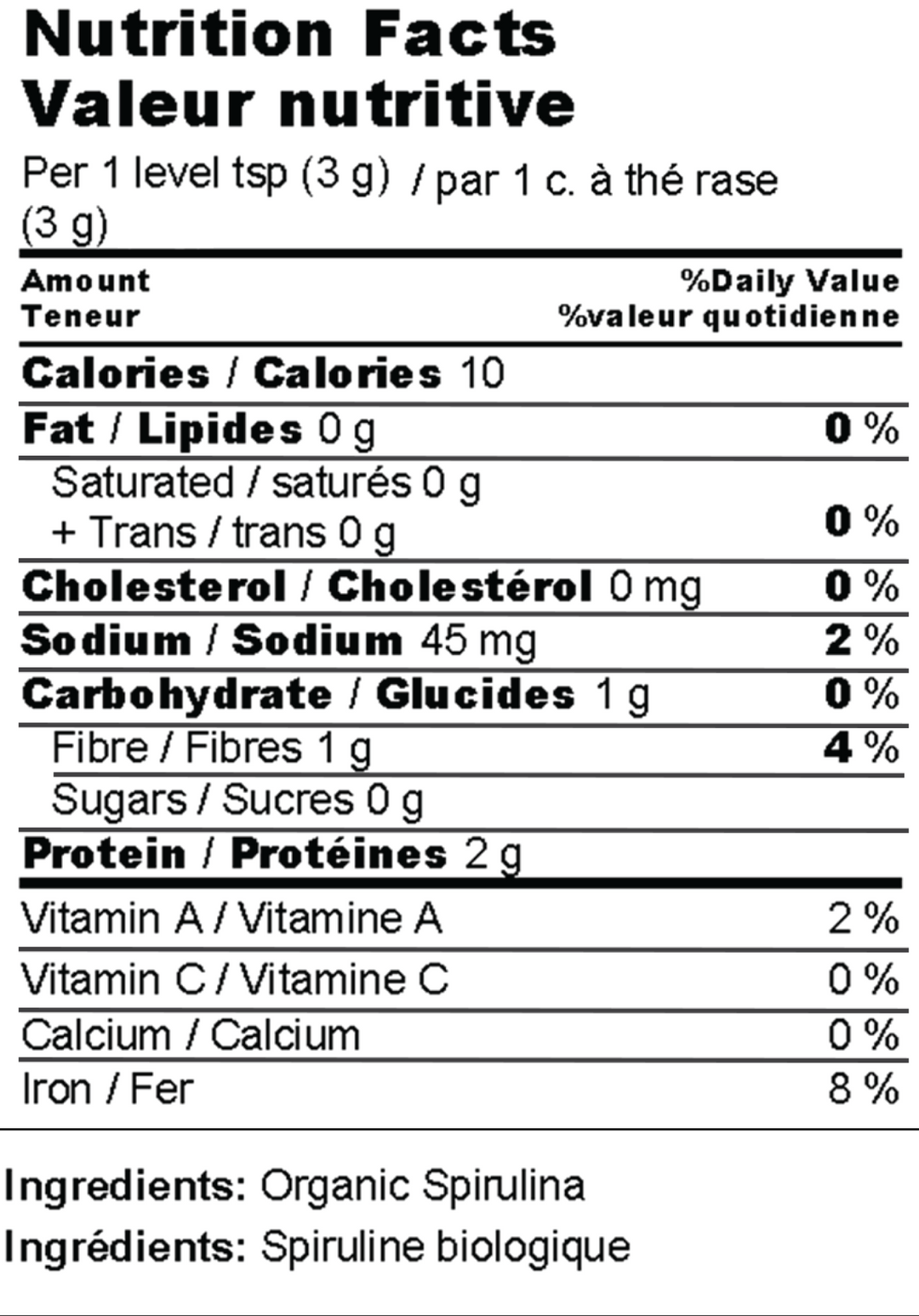 Nutrition facts of Algi organic spirulina blue green algae powder, high in iron, protein, fibre, and omegas.